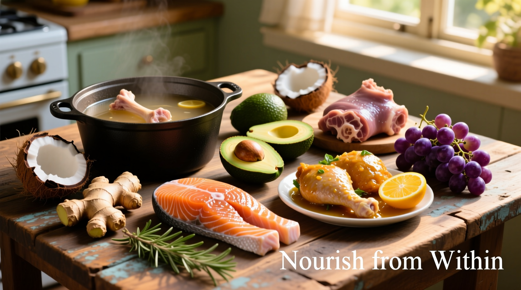 Colorful collage of collagen-supporting foods on wooden table