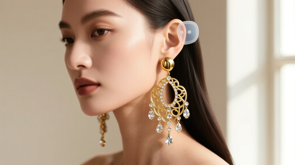 Close-up of a model wearing large gold chandelier earrings, with a clear silicone support patch behind the ear to prevent tearing.