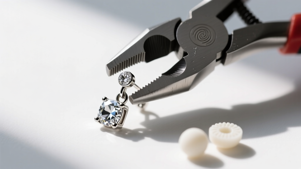 Nylon-jaw pliers gently adjusting the metal hinge of a silver rhinestone clip earring, with small silicone ear pads nearby.