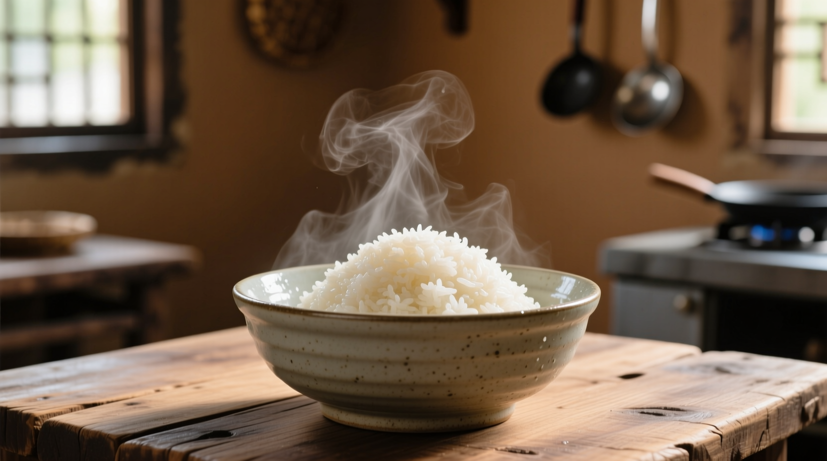 Cooked rice cooling in shallow container
