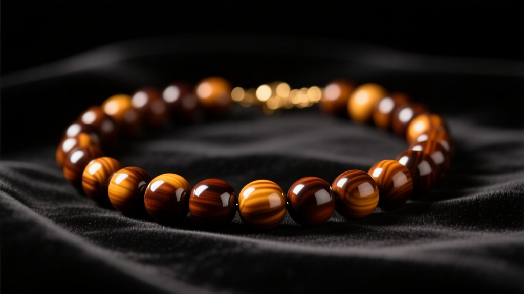 Dark amber necklace with 10mm mahogany beads on black silk, draped over dark velvet under moody, warm, and dramatic studio lighting.