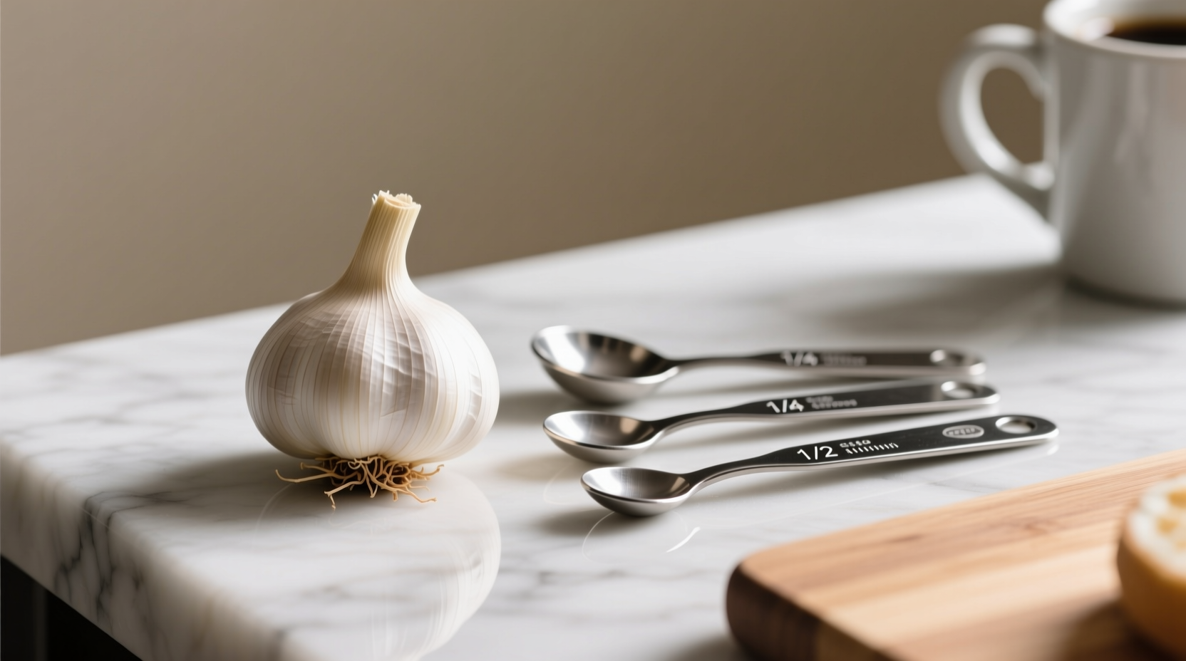 Breakfast prep context: garlic cloves beside measuring spoons for quick conversion reference during morning meal prep - avoids recipe errors