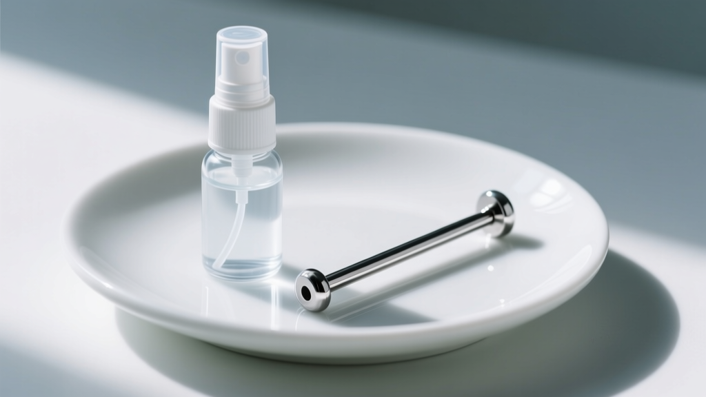 Sterile saline spray bottle beside a polished 14-gauge titanium straight barbell on a white ceramic dish under soft clinical lighting