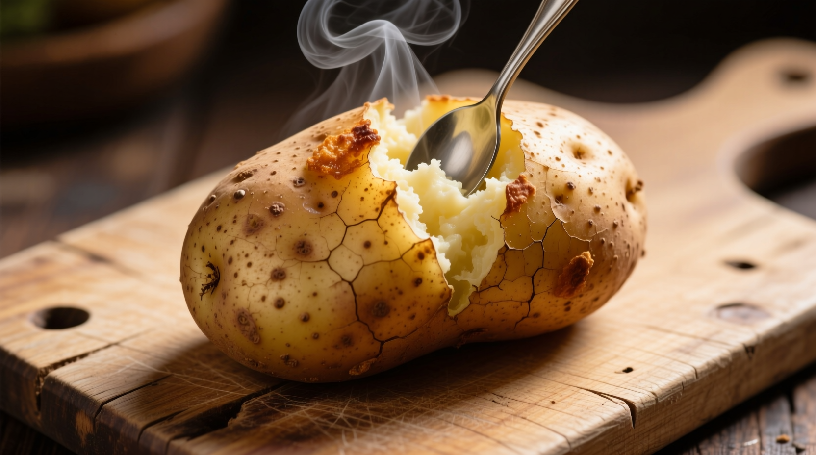 Large baked potato with skin on wooden cutting board