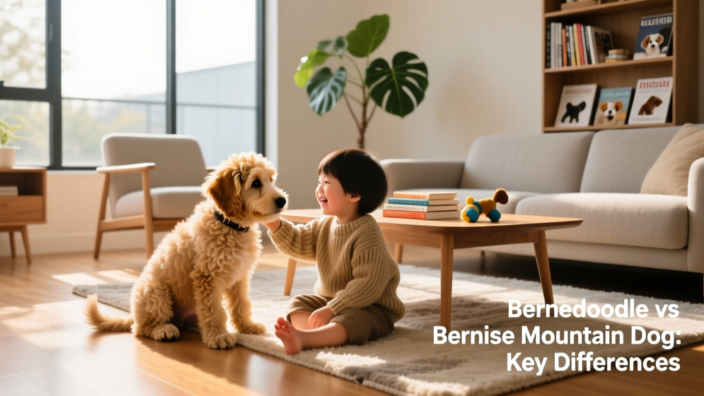 A playful Bernedoodle puppy interacting gently with a young child in a sunlit living room