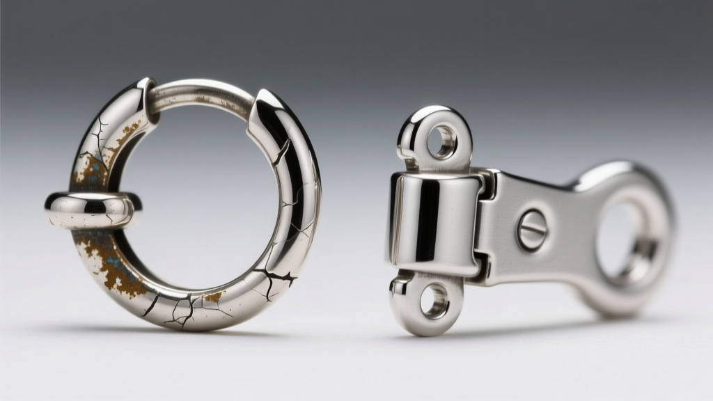 Macro comparison of a tarnished 925 sterling silver hoop clasp next to a bright, highly polished Argentium silver hinge mechanism.