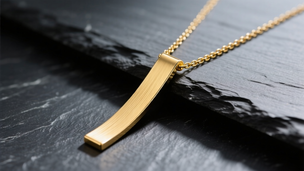 14k yellow gold vertical bar necklace resting on dark slate, highlighting the brushed metal finish and a delicate box chain.