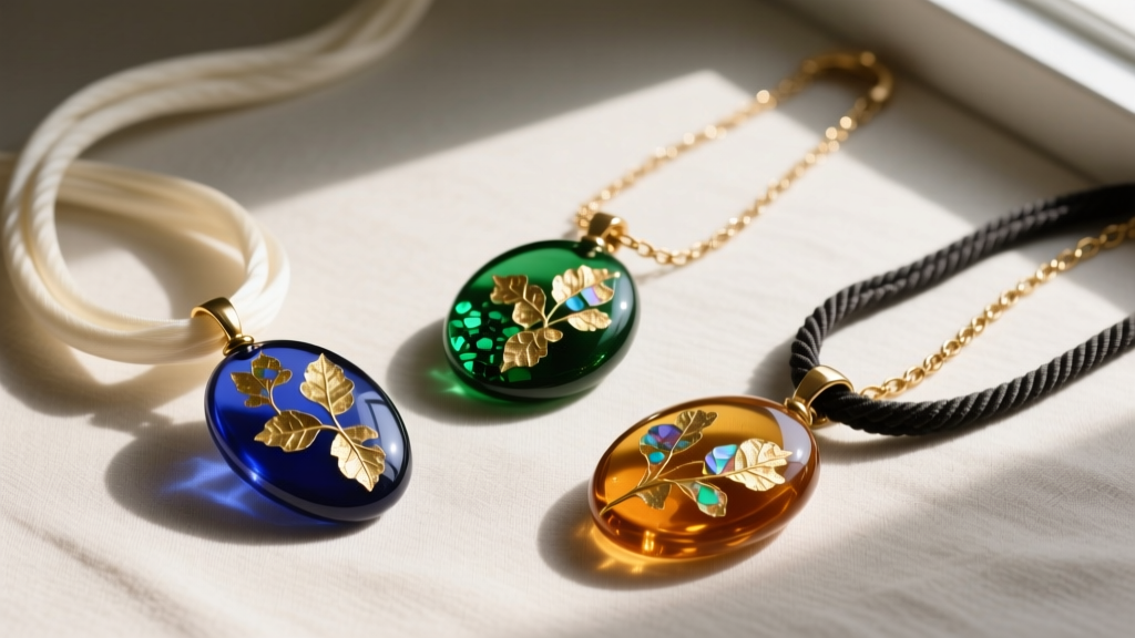 Flat lay of three Murano glass pendants with gold leaf avventurina inclusions, styled alongside raw silk cords and brass chains.