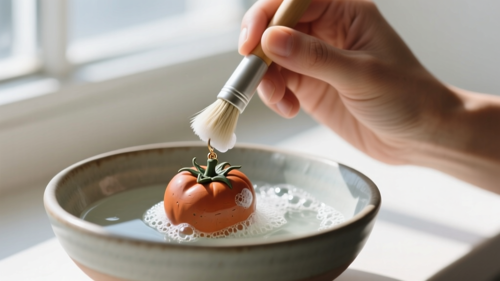 Hands cleaning a clay tomato earring with a soft brush and soapy water in a ceramic bowl, illuminated by bright natural daylight