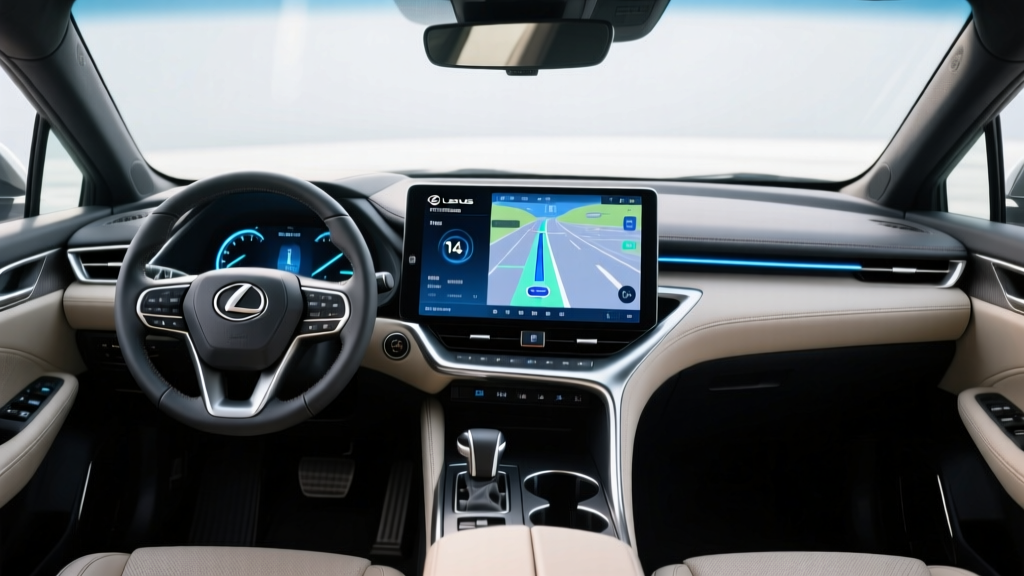 Interior dashboard view of the Lexus RX 500h highlighting the 14-inch Lexus Interface touchscreen and digital instrument cluster