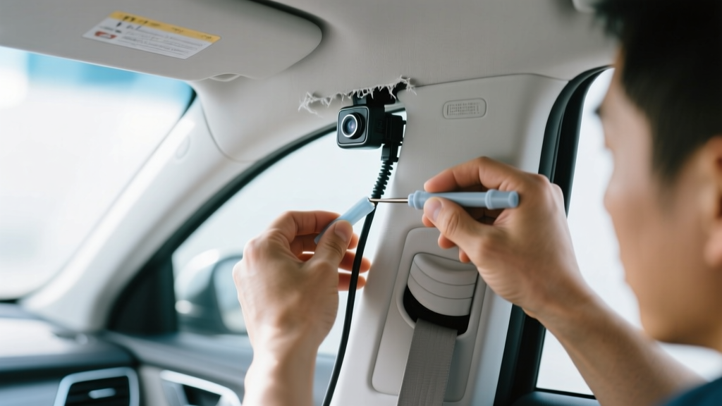 Hands routing a dash cam power cable behind the headliner and down the A-pillar of a sedan using a plastic trim removal tool.