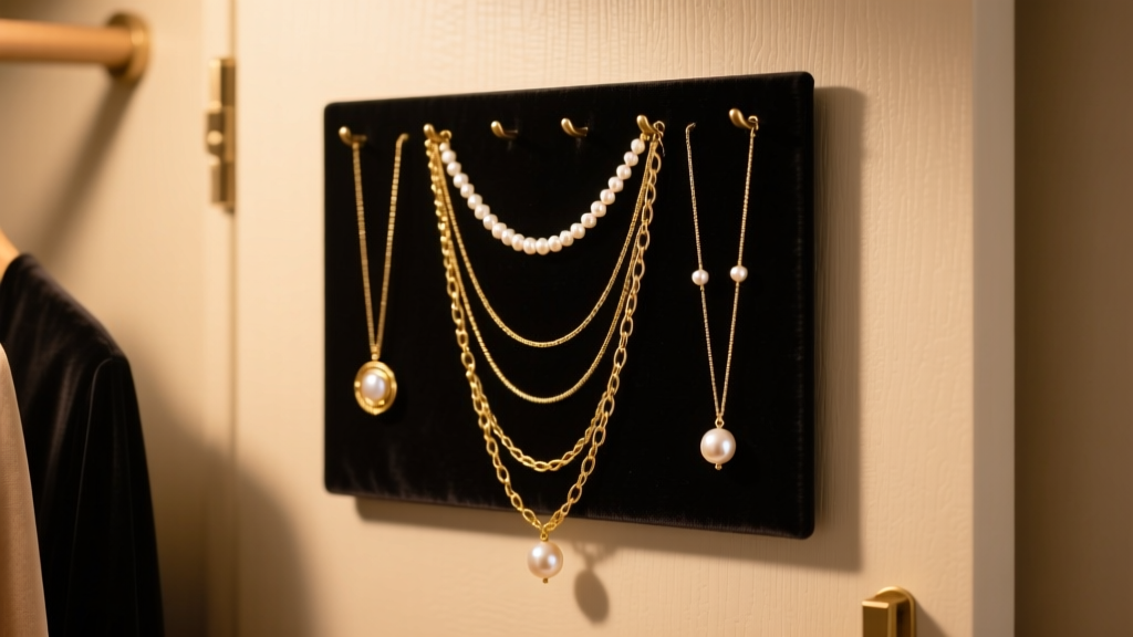 A velvet necklace hanging organizer on a closet door displaying untangled gold chains and pearl pendants under warm lighting.