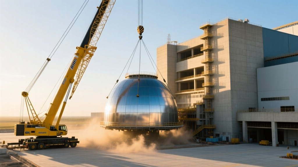 Heavy-lift crane lowering a massive steel containment dome onto a reinforced concrete nuclear reactor building at a modern site.