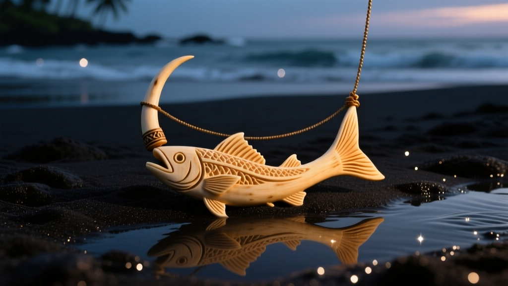 Hand-carved bone Hawaiian fish hook necklace on dark volcanic sand with soft, moody oceanic lighting and subtle water reflections