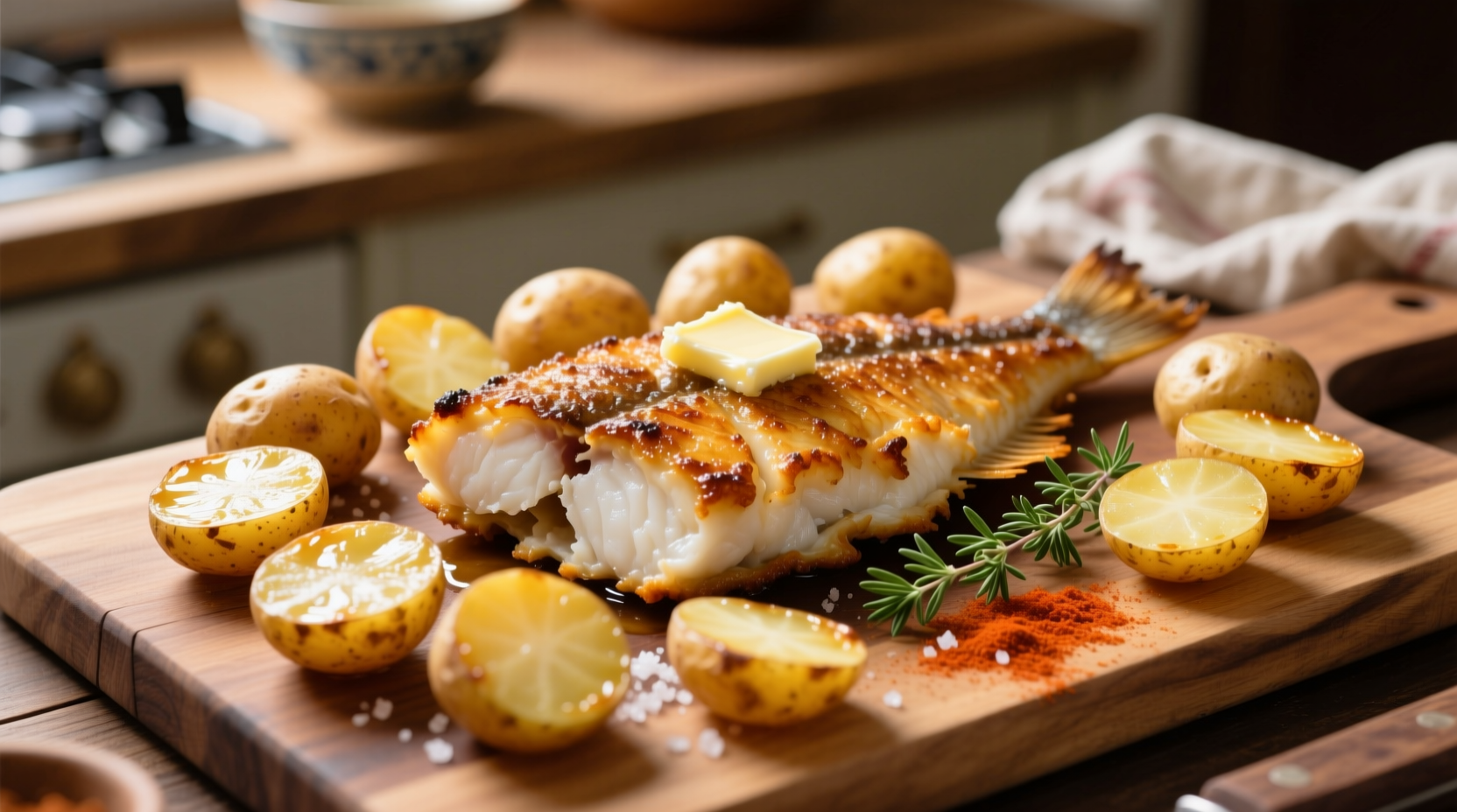 Perfectly cooked potato cod with golden potatoes