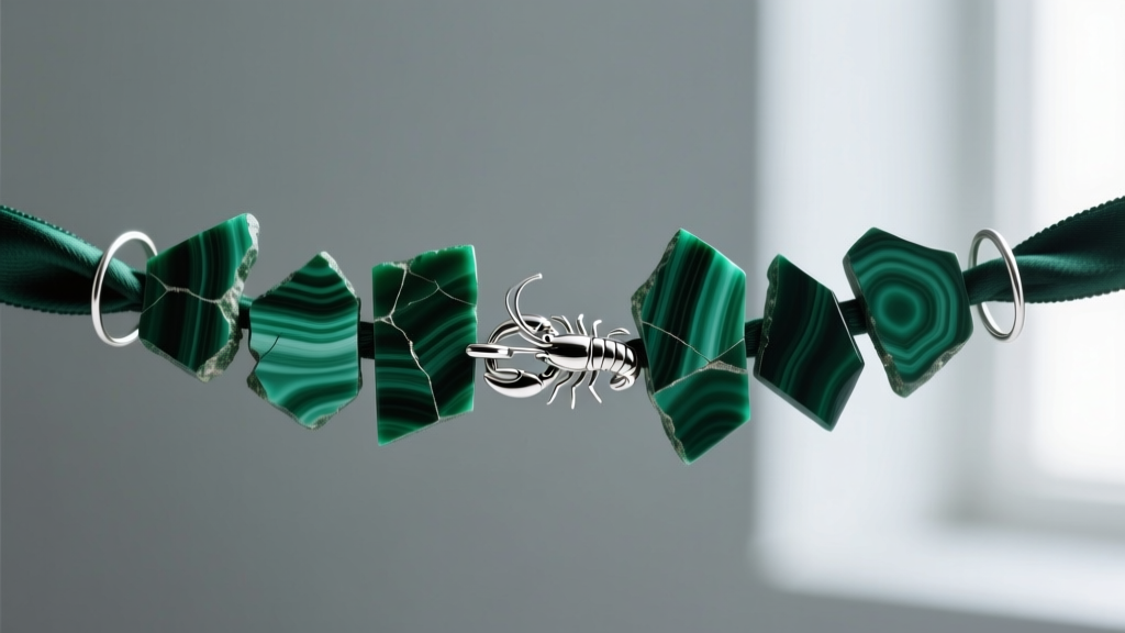 Macro shot of irregular malachite chips strung on dark green silk thread with a sterling silver lobster clasp and French wire.