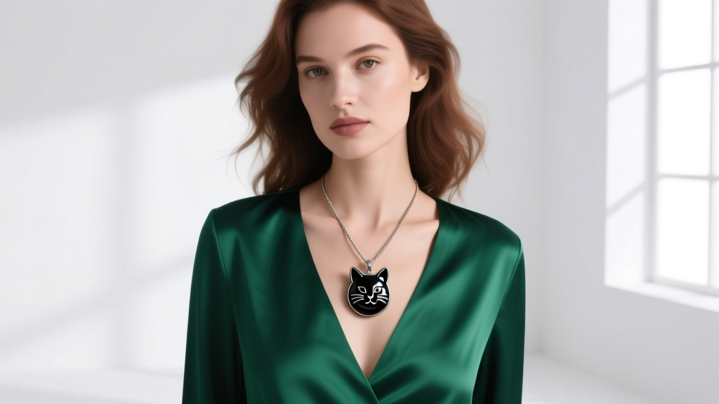 Woman wearing a black lava stone cat cameo pendant on a 1.5mm rope chain, paired with a deep V-neck emerald silk blouse