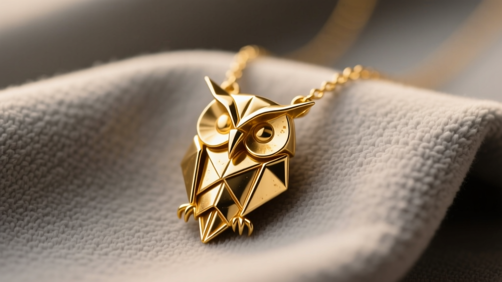 Gold-plated origami owl necklace pendant resting on a soft gray microfiber cloth, illuminated by warm, diffused studio lighting.