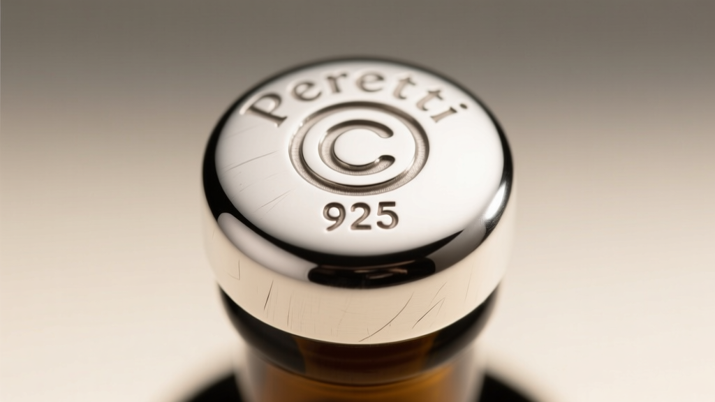 Close-up of the authentic Peretti hallmark on a silver bottle stopper, showing the crisp copyright symbol and 925 silver stamp.