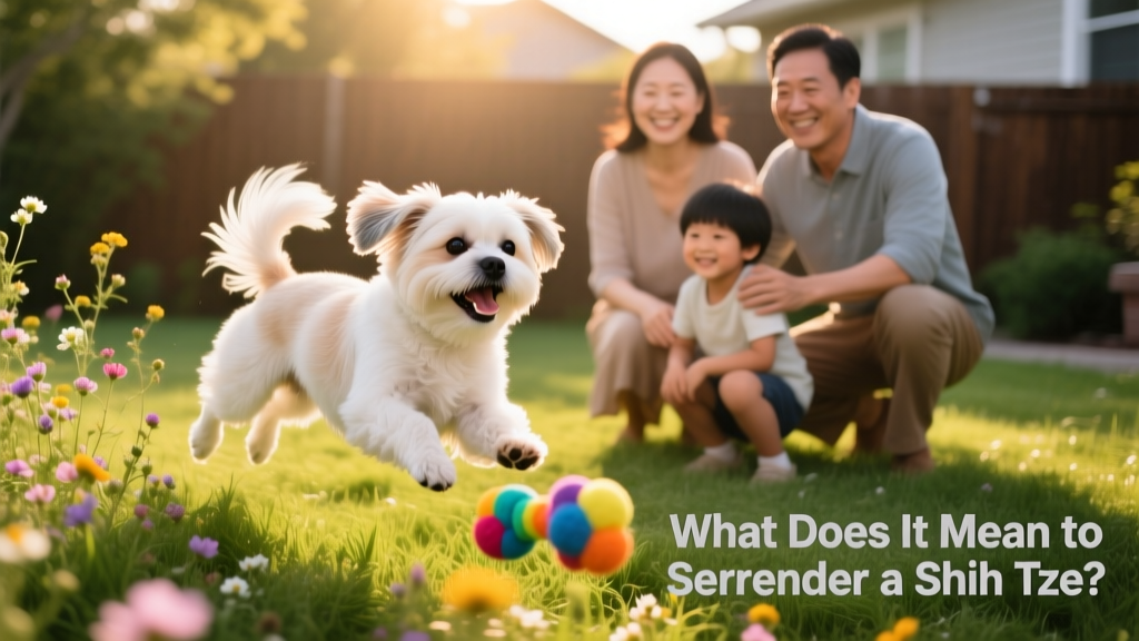 A happy Shih Tzu playing in a sunlit backyard with a new family, showing comfort and connection