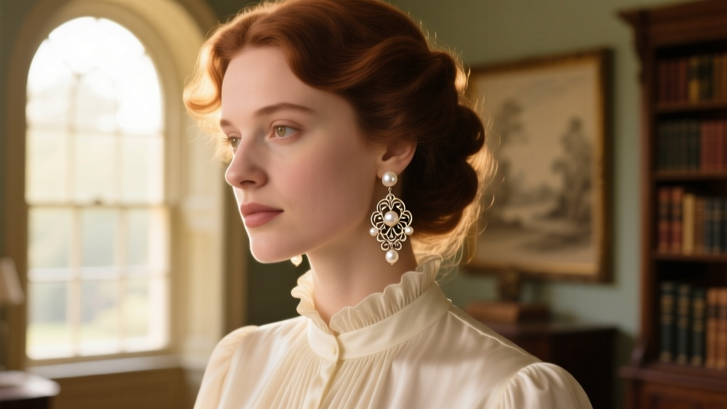 Woman wearing Victorian pearl cluster drop earrings, highlighting ornate filigree metalwork against soft, diffused window light.