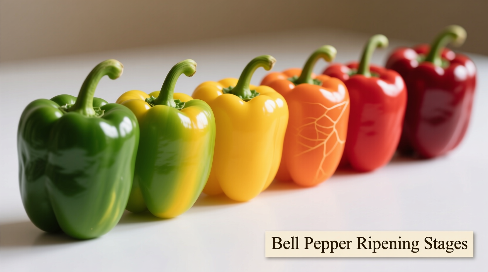 Color spectrum of bell peppers showing ripening stages from green to red
