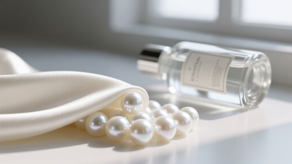 Macro shot of a soft cloth wiping white freshwater pearls, with a glass bottle of pearl cleaner in the softly blurred background