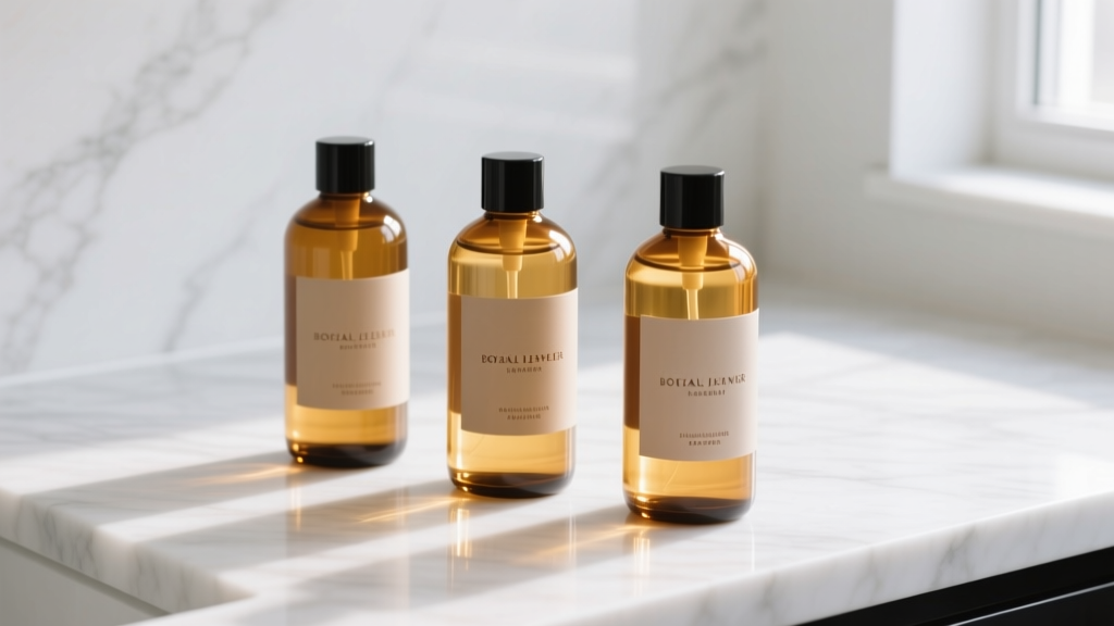 Three amber glass bottles of botanical jewelry cleaner with minimalist labels arranged on a bright white marble countertop.