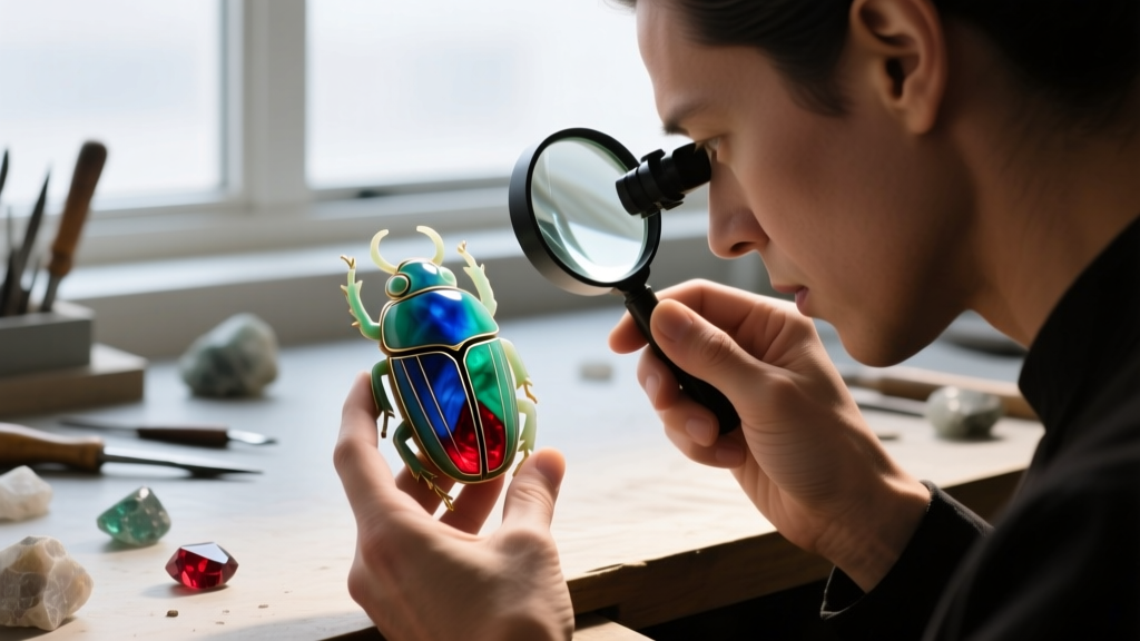 A jeweler using a 10x loupe to inspect dye concentrations in the deep crevices of a carved howlite scarab amulet under bright workshop lighting.