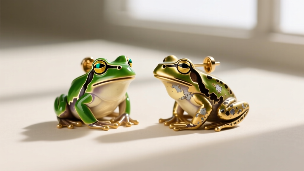 Two vintage Wendy Gell frog earrings side by side, one with perfect green enamel and the other showing faded, chipped gold plate
