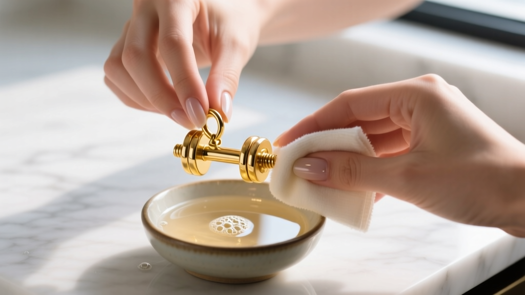 Hands using a microfiber cloth to gently polish a 14k solid gold dumbbell charm over a small ceramic bowl of warm soapy water