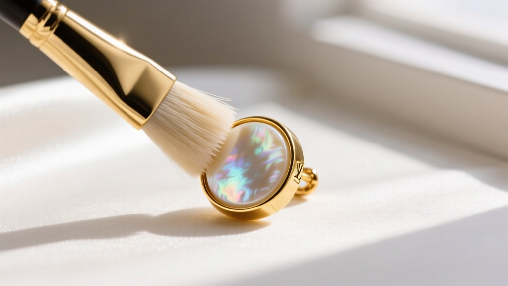 Soft brush cleaning the 18k gold bezel of an LV mother-of-pearl earring while carefully avoiding the delicate porous stone surface.