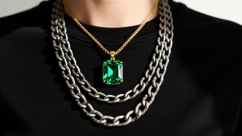 Layered jewelry stack featuring a green crystal pendant necklace with oxidized silver Cuban link chains over a black t-shirt
