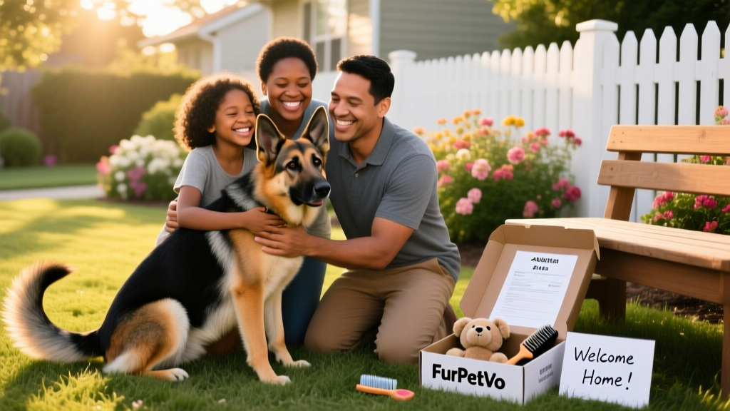 A smiling family kneeling beside their newly adopted German Shepherd mix in a backyard, with adoption paperwork and a FurPetVo welcome kit visible nearby
