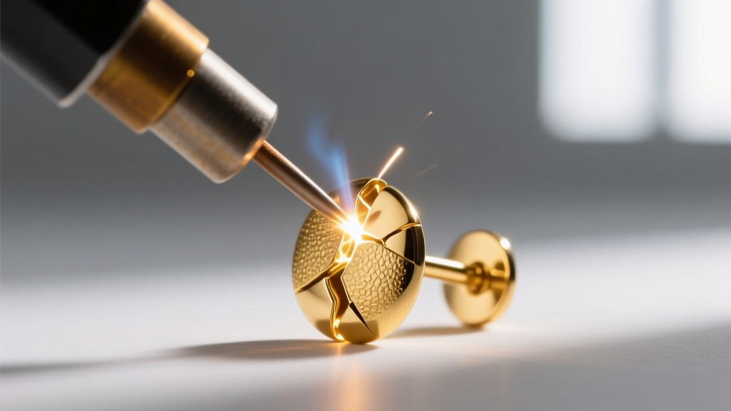 Macro shot of a laser welder repairing a broken 20-gauge gold ear post on a mid-century earring, showing the precise weld point.
