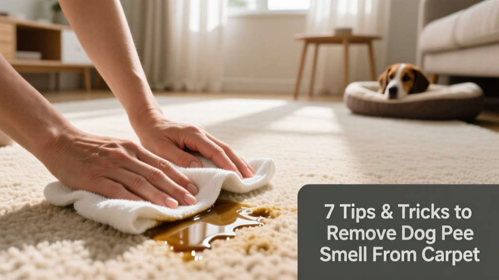 Hands gently pressing dry towels onto a damp carpet spot to absorb urine