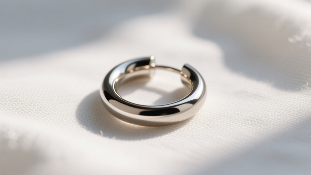Macro shot of a 16-gauge titanium continuous hoop sleeper earring on white linen, lit by warm directional morning light.
