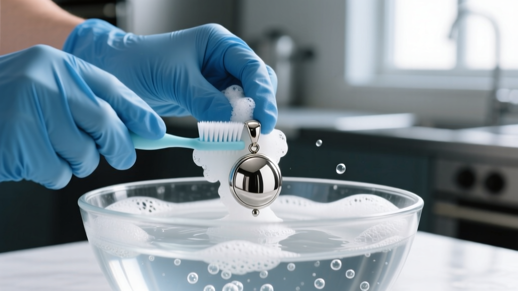 Hands in blue nitrile gloves gently scrubbing a steel pendant with a soft baby toothbrush in a bowl of soapy distilled water.
