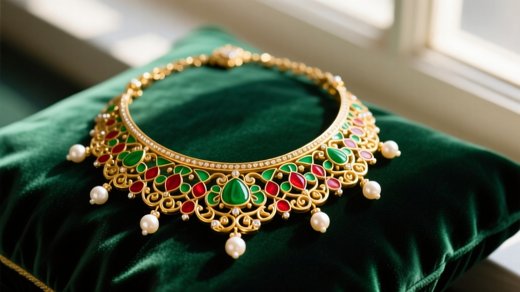 Vintage Amrita Singh gold bib necklace with green and red enamel details and faux pearls resting on dark emerald velvet.