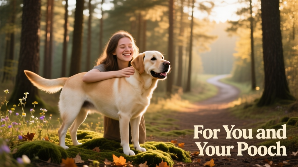 A woman hugging her relaxed, smiling dog in a quiet forest clearing