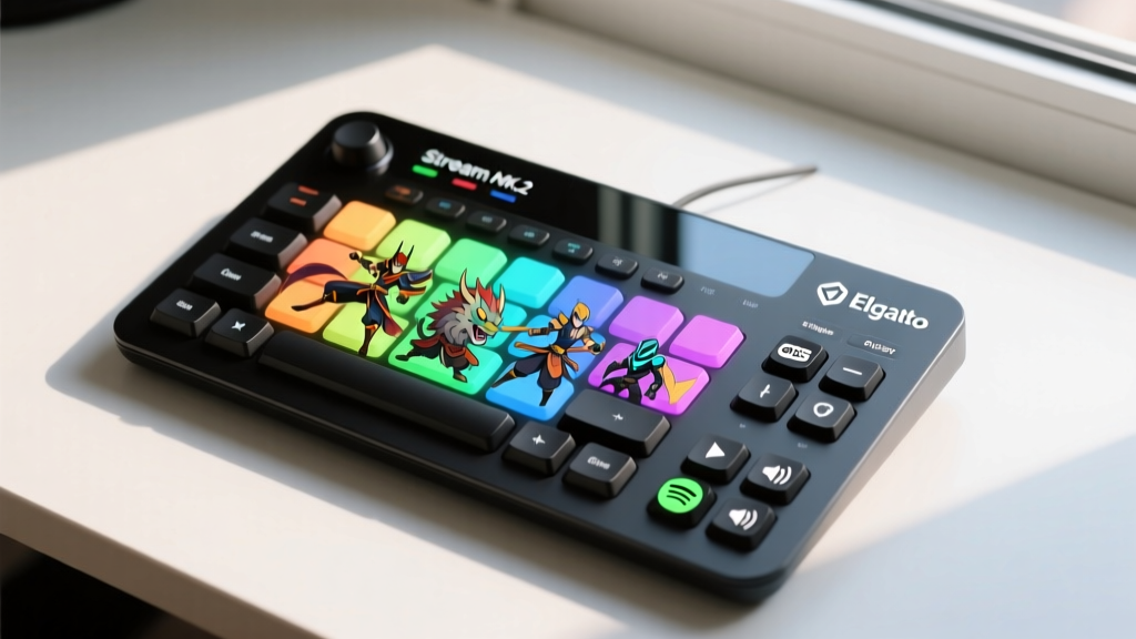 Overhead view of Elgato Stream Deck MK.2 displaying custom anime character macros, OBS transitions, and Spotify OST controls.