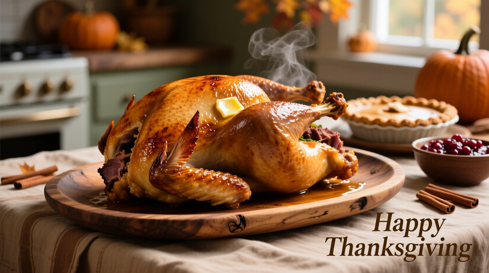 Perfectly roasted golden brown Thanksgiving turkey on platter