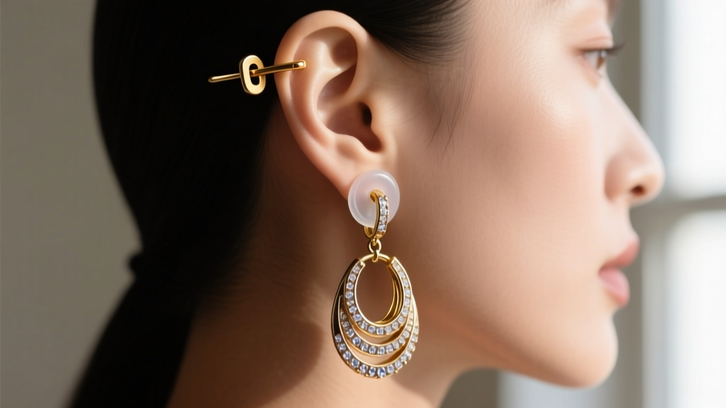 Macro shot of a heavy drop earring secured with a clear silicone support patch and an 18-gauge gold leverback closure on an ear