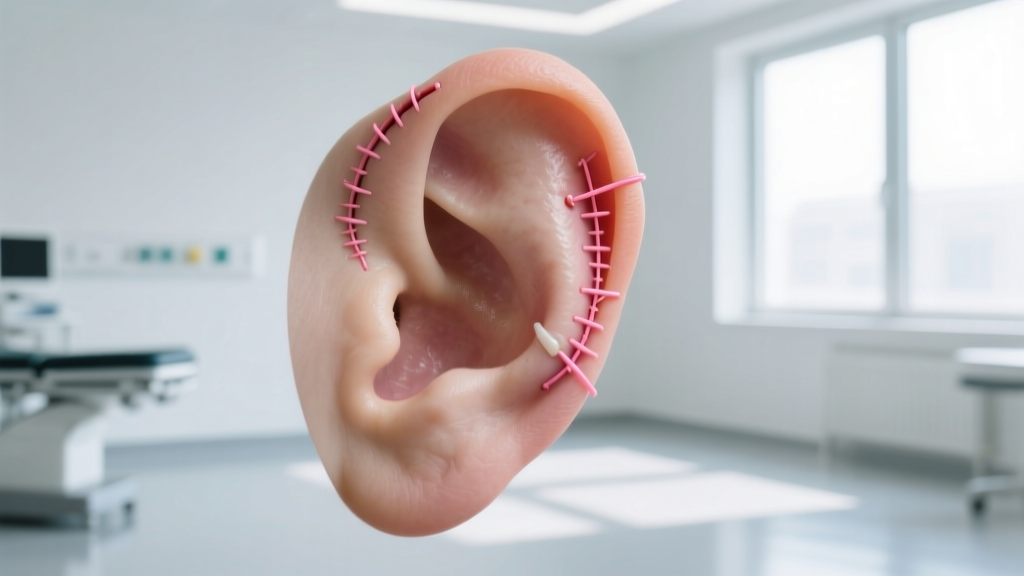 Side profile of an ear showing a neat, sutured lobuloplasty surgical repair with clean edges in a bright medical clinic