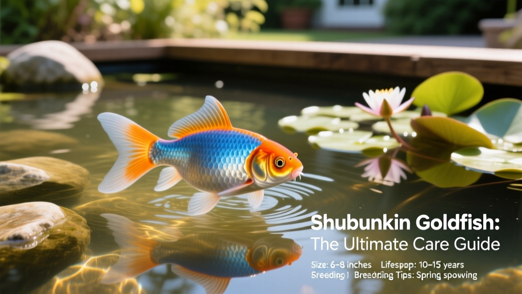 A healthy Shubunkin goldfish gliding past submerged rocks and water lilies in a sunlit backyard pond