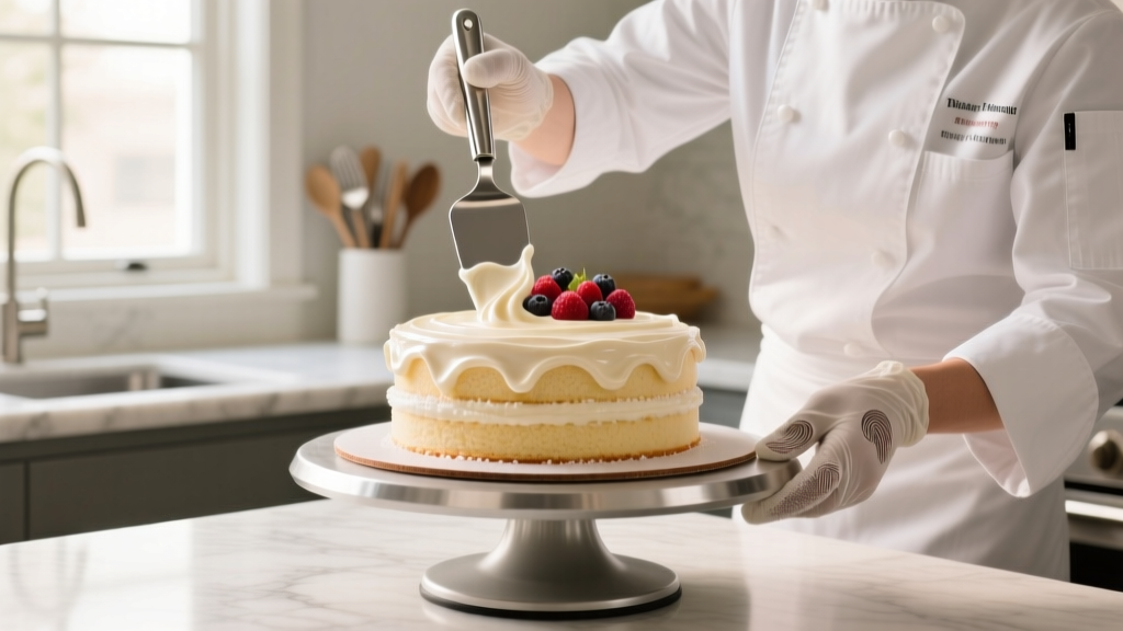 Baker using a 4.5-inch stainless steel offset spatula to smoothly apply Swiss meringue buttercream on a rotating cake stand
