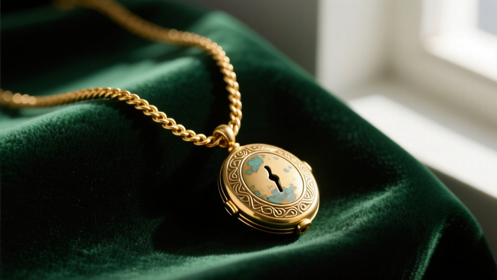 Close-up of an antique gold necklace with a matte 14k rope chain and oxidized locket pendant on dark green velvet