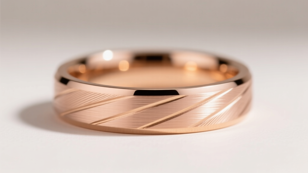 Side view of a 14k rose gold wedding band showing a directional brushed satin finish with visible linear micro-scratches