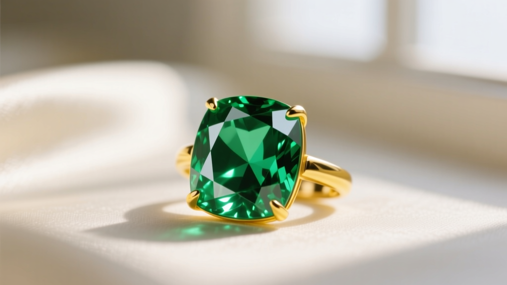 Macro shot of an emerald necklace gem in a protective yellow gold bezel setting against a softly blurred silk background.