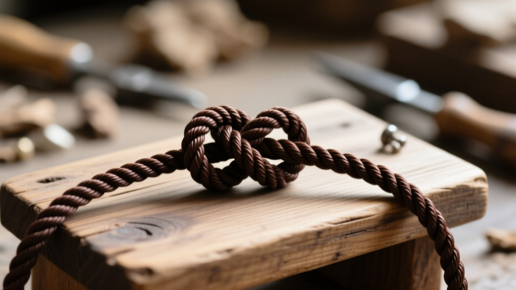 Macro shot of dark brown waxed cotton cord with a neatly tied sliding square knot resting on a rustic wooden jewelry bench